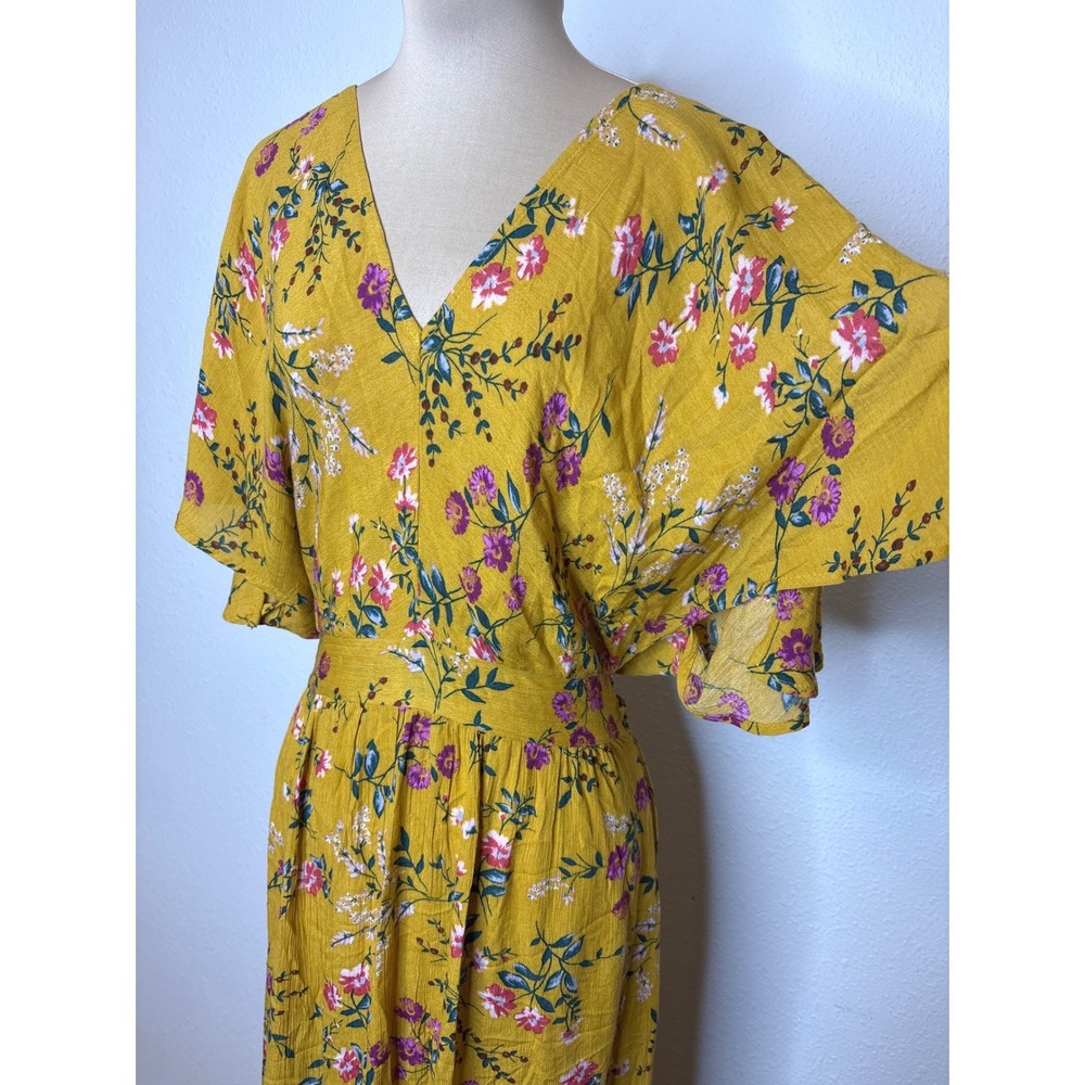 Women Maxi Dress Floral Flutter Sleeve M Yellow Cottagecore Boho Prairie